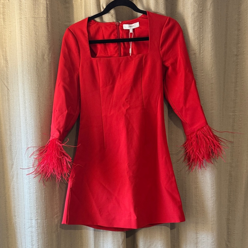 NWT Likely Cher Red Feather Cuff Dress, 0 - Picture 4 of 6